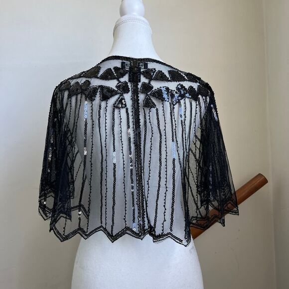 Sheer black beaded fishnet cape shawl topper Rachel Zoe flapper whimsygoth - Picture 6 of 9